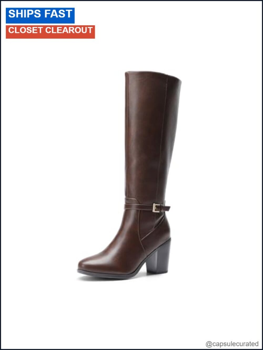 Chunky Heel Knee-High Boots Faux Leather Almond Toe Side Zip